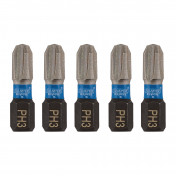 Draper Expert Cross Slot/PH Type Impact Screwdriver Bits, No.3 x 25mm, 1/4 Hex (Pack of 5)