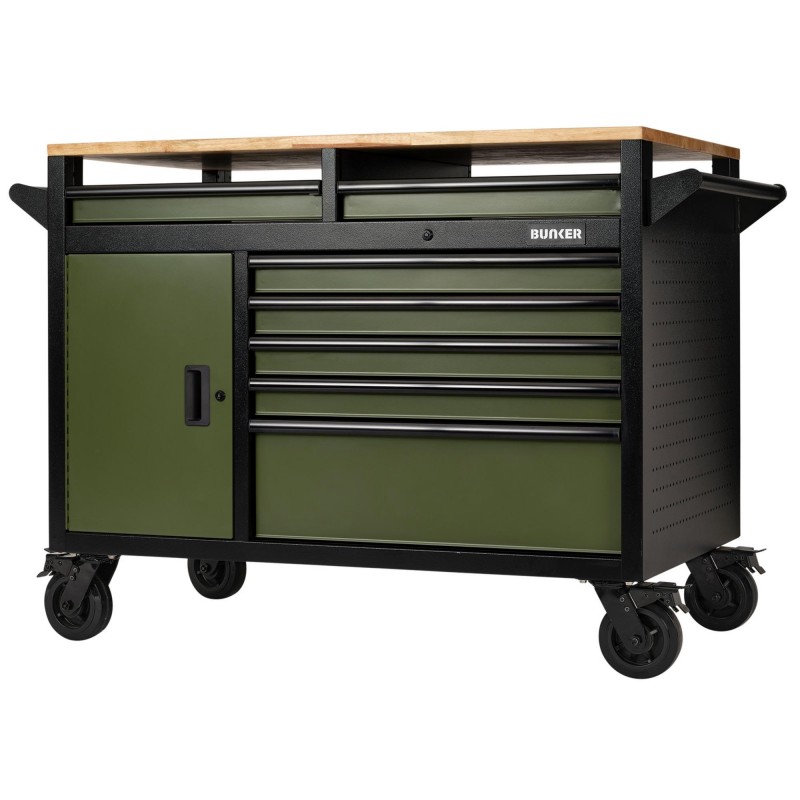 BUNKER 14 Drawer Multi-Functional Workbench Roller Tool Cabinet, 48, Green