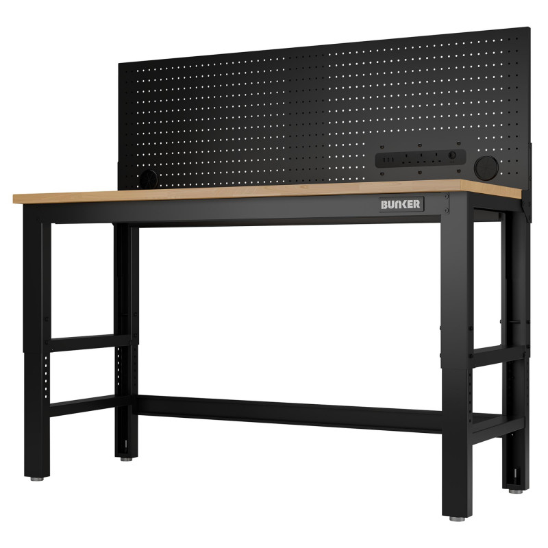 BUNKER Workbench with Hardwood Worktop and Power Pegboard, 1550mm