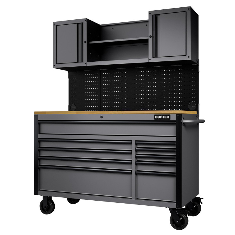 BUNKER 10 Drawer Roller Workstation with Workbench, 56, Light Grey