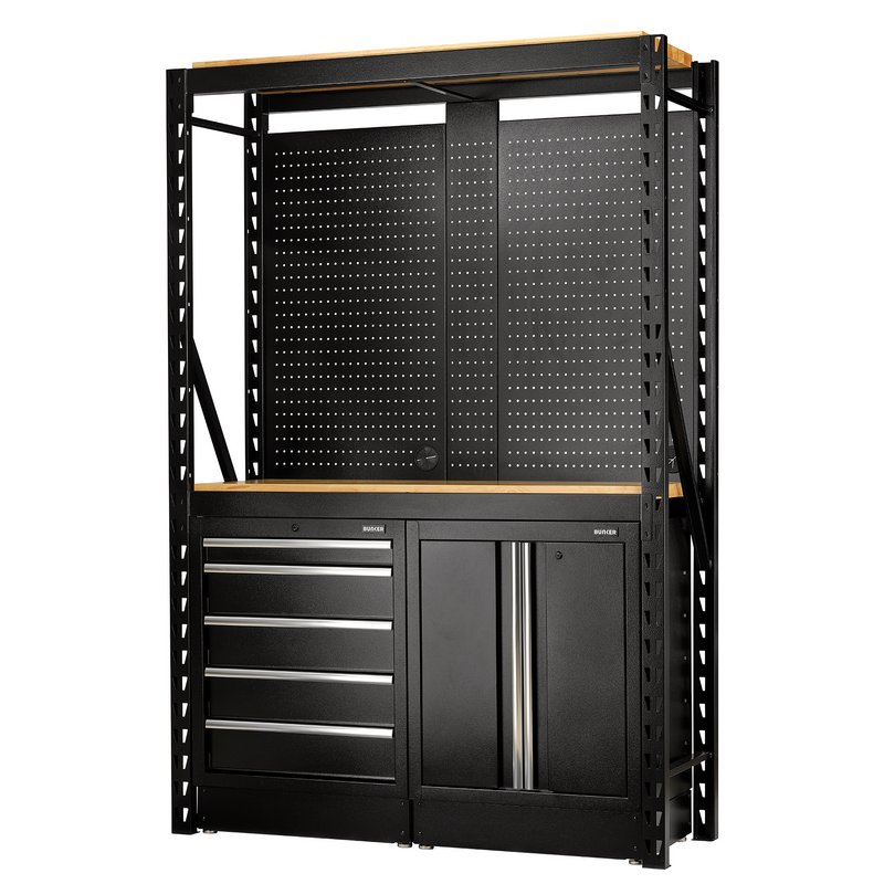 BUNKER 15 Piece Modular Storage Combo 2 Tier Racking with Hardwood Shelving, Pegboards and Floor Cabinets, 1500mm