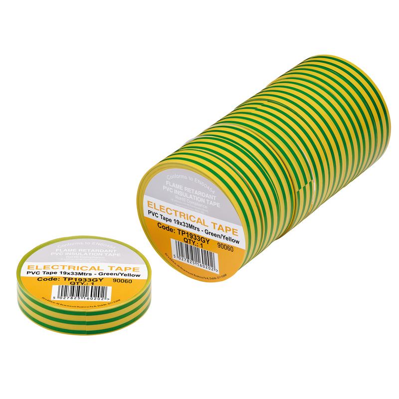 Green/Yellow PVC Electrical Insulation Tape, 19mm x 33m (Pack of 10)