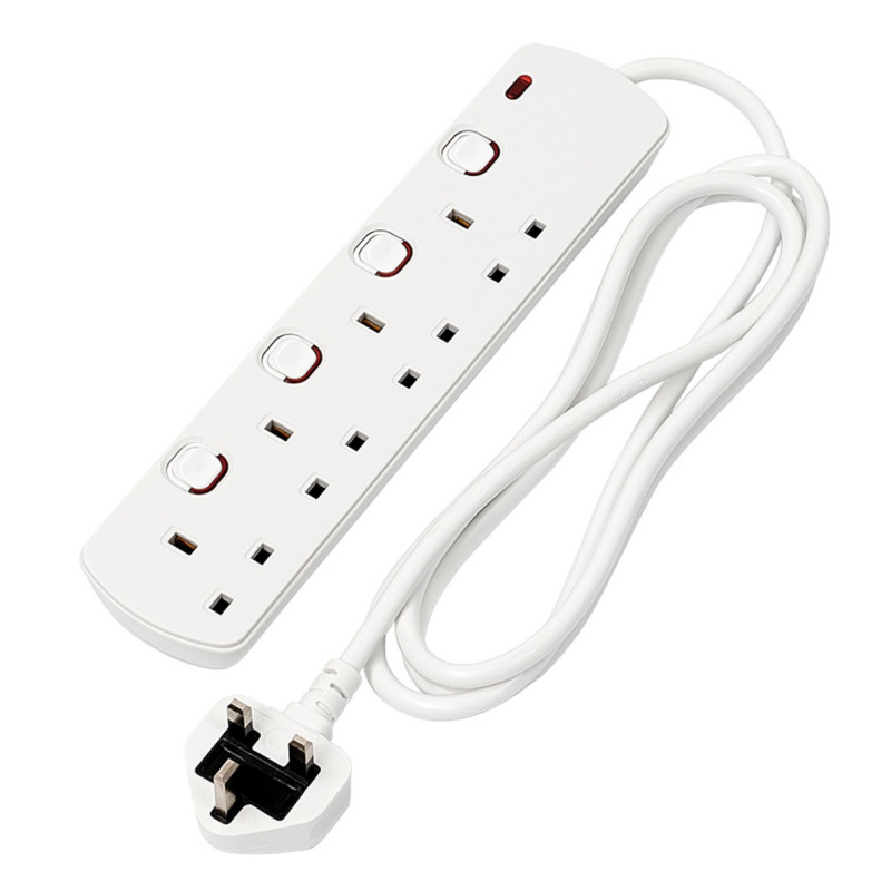4 Way White Switch Protected Extension Lead, 2m
