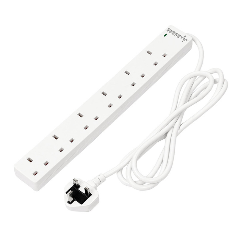 6 Way White Extension Lead, 2m