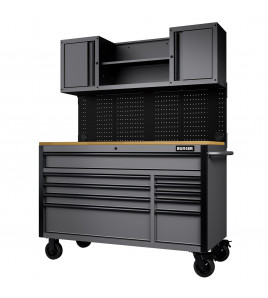 BUNKER® 10 Drawer Roller Workstation with Workbench, 56, Light Grey