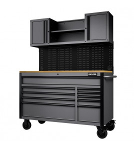 BUNKER® 10 Drawer Roller Workstation with Workbench, 56, Light Grey