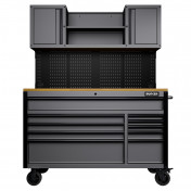 BUNKER® 10 Drawer Roller Workstation with Workbench, 56, Light Grey