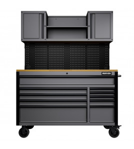 BUNKER® 10 Drawer Roller Workstation with Workbench, 56, Light Grey