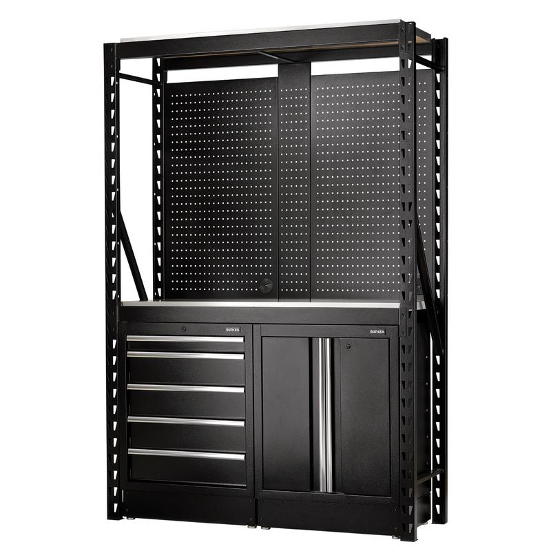 BUNKER 15 Piece Modular Storage Combo 2 Tier Racking with Stainless Steel Shelving, Pegboards and Floor Cabinets, 1500mm