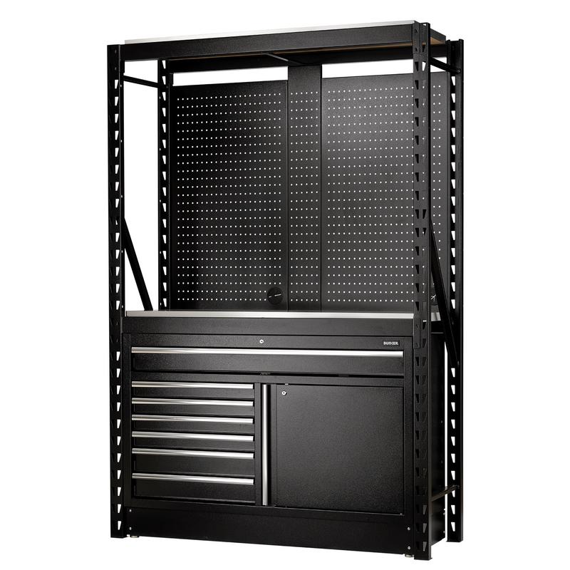 BUNKER 14 Piece Modular Storage Combo 2 Tier Racking with Stainless Steel Shelving, Pegboards and Floor Cabinet, 1500mm