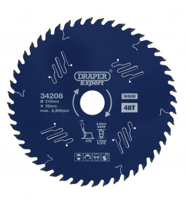 Draper Expert TCT Circular Saw Blade for Wood with PTFE Coating, 210 x 30mm, 48T