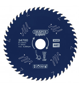 Draper Expert TCT Circular Saw Blade for Wood with PTFE Coating, 216 x 30mm, 48T