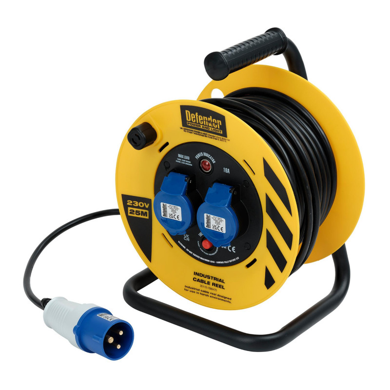 Defender E86475 230V 2-Way Light Industrial Cable Reel, 16A, 25m
