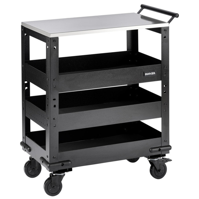 BUNKER 3 Tier Trolley with Pull Handle and Stainless Steel Worktop, 714mm