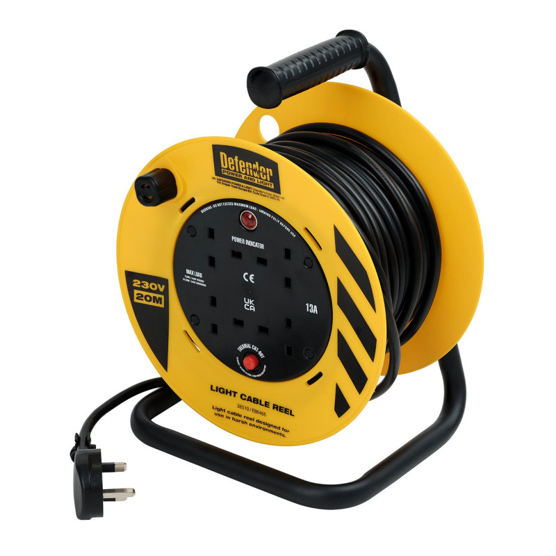 Defender E86465 230V 4-Way Light Industrial Cable Extension Reel, 20m