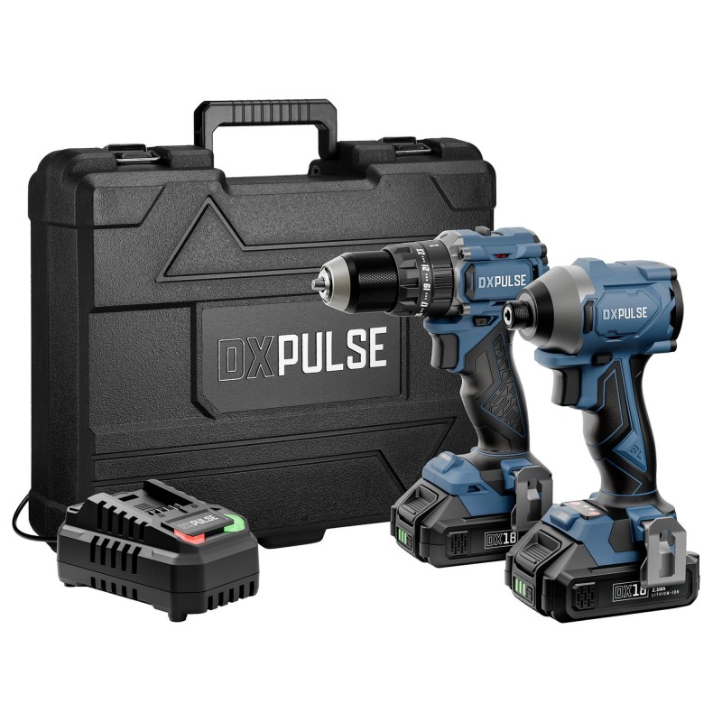 DXPULSE 18V Brushless Combi and Impact Driver Twin Kit with Drill Accessories, 2.4A Charger, 2 x 2.0Ah Battery, and Carry Case