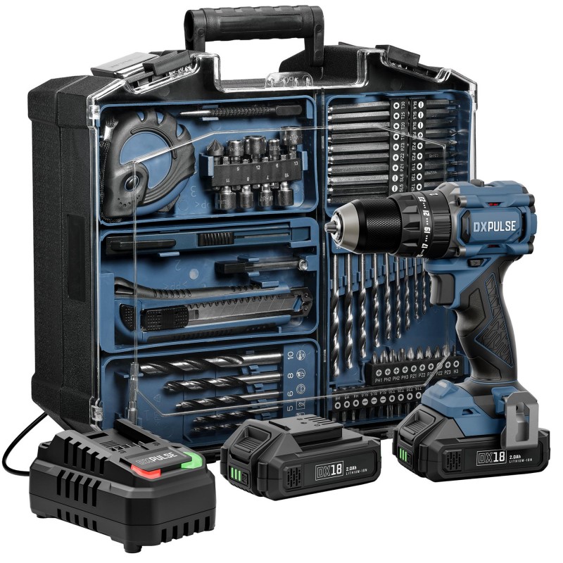 DXPULSE 18V Brushless Combi Drill Kit with 2 x 2Ah Battery and 74pc Accessories