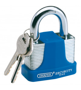 Laminated Steel Padlock and 2 Keys with Hardened Steel Shackle and Bumper, 50mm