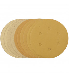Gold Sanding Discs with Hook & Loop, 150mm, Assorted Grit - 120G, 180G, 240G, 320G, 400G, 6 Dust Extraction Holes (Pack of 10)