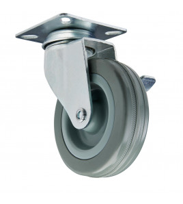 Swivel Plate Fixing Rubber Castor with Brake, 100mm Diameter, S.W.L. 80kg