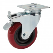 Swivel Plate Fixing Polyurethane Wheel with Brake, 100mm Diameter, S.W.L. 125kg