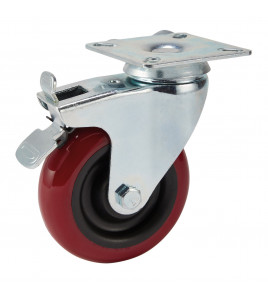 Swivel Plate Fixing Polyurethane Wheel with Brake, 100mm Diameter, S.W.L. 125kg