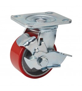 Swivel Plate Fixing Heavy Duty Polyurethane Wheel with Brake, 100mm Diameter, S.W.L. 250kg