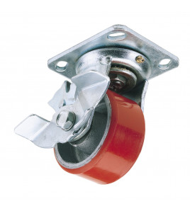 Swivel Plate Fixing Heavy Duty Polyurethane Wheel with Brake, 125mm Diameter, S.W.L. 300kg