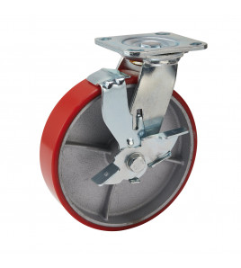 Swivel Plate Fixing Heavy Duty Polyurethane Wheel with Brake, 200mm Diameter, S.W.L. 500kg