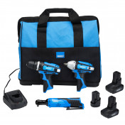 12V Drill Drive and Ratchet Interchange Kit, 2 x 4.0Ah Li-ion Battery, 1 x 1.5Ah Li-ion Battery, 1 x Fast Charger, 1 x Tool Bag