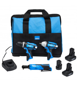 12V Drill Drive and Ratchet Interchange Kit, 2 x 4.0Ah Li-ion Battery, 1 x 1.5Ah Li-ion Battery, 1 x Fast Charger, 1 x Tool Bag